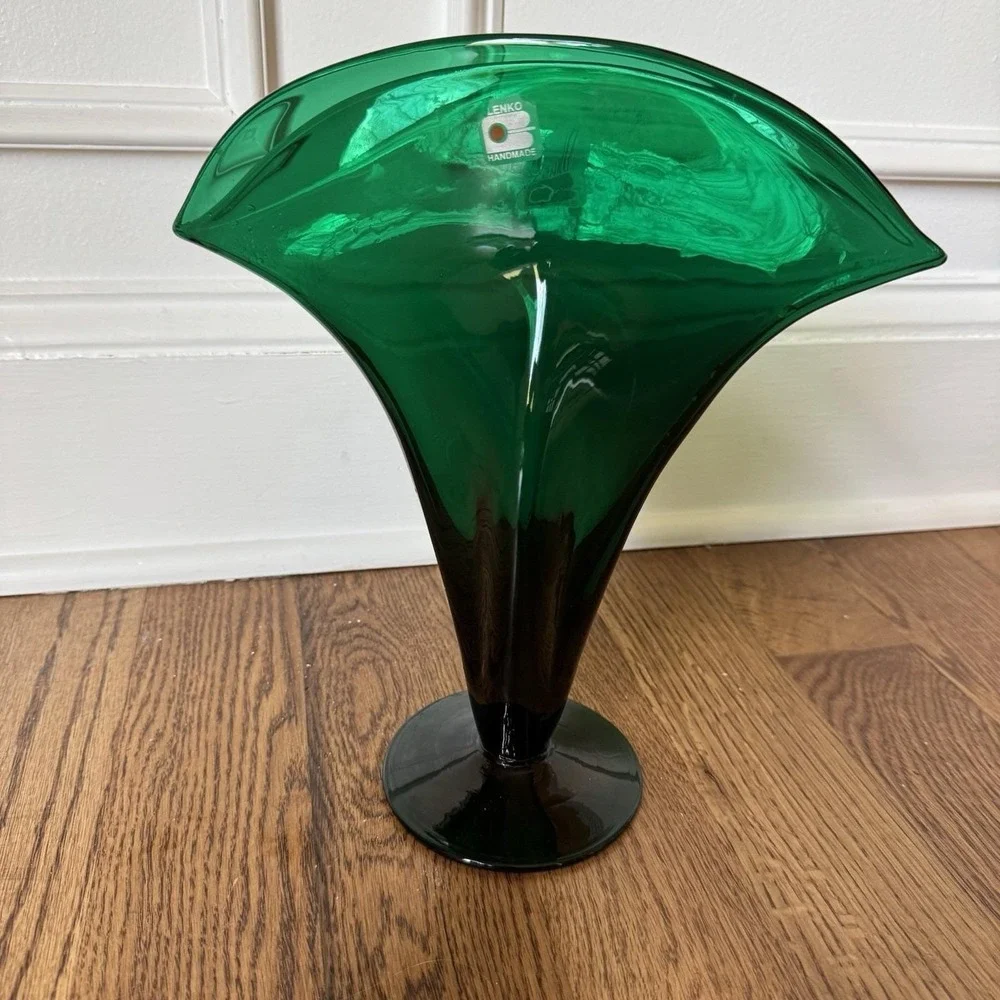 Blenko Handmade Art Glass Fan Vase Emerald Green Vintage Mid Century Modern‎ MCM